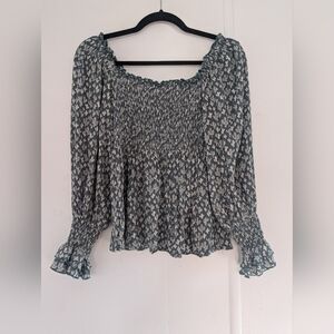 Angie Green🌵 and White Smocked Ruffled Blouse Cactus print